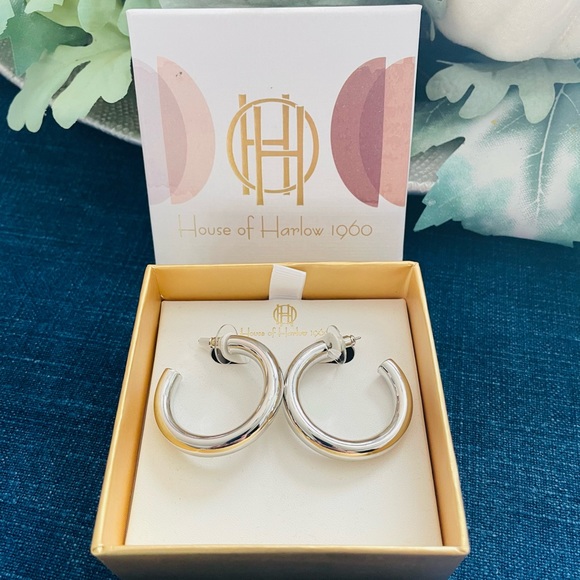 House of Harlow 1960 Silver Hoop Earrings Created by Nicole Richie - Picture 1 of 5